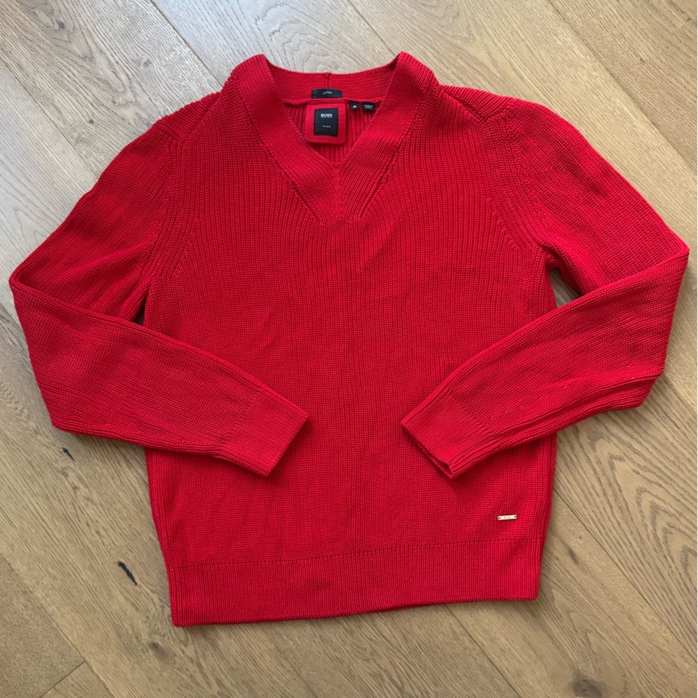 Boss by Hugo Boss T-Fulmino V-Neck Ribbed Cotton Sweater - Men’s M - Red - EUC